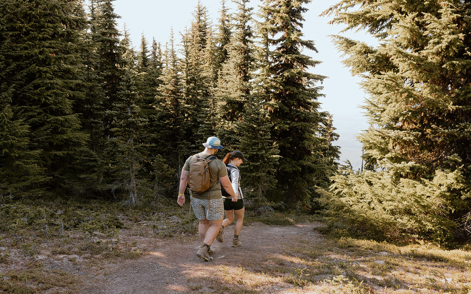 Image of couple hiking after proposal together in Olympic National Park.
